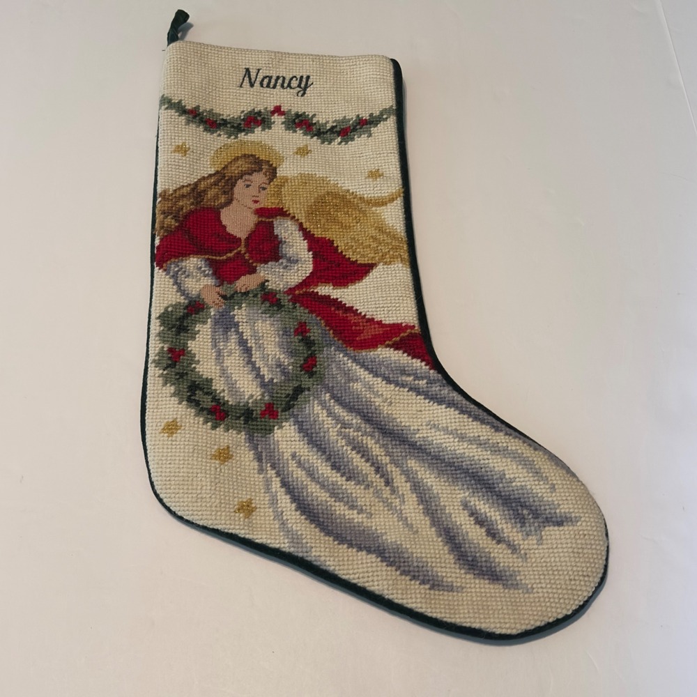 Lands End Angel Needlepoint Christmas Stocking Green Velvet Vintage Nancy 17in